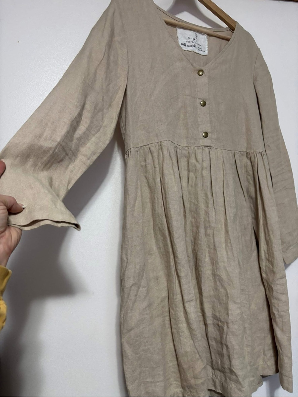 notPERFECTLINEN Button-Front ‘mama’ Midi Dress in Oat milk.